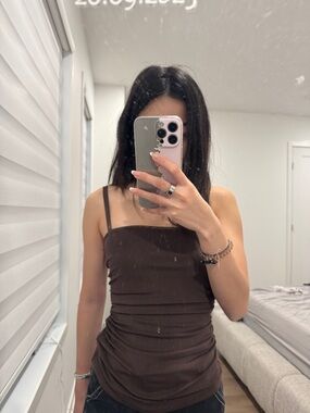 Dynamite Brown Ruched Spaghetti-Strap Tank  Top